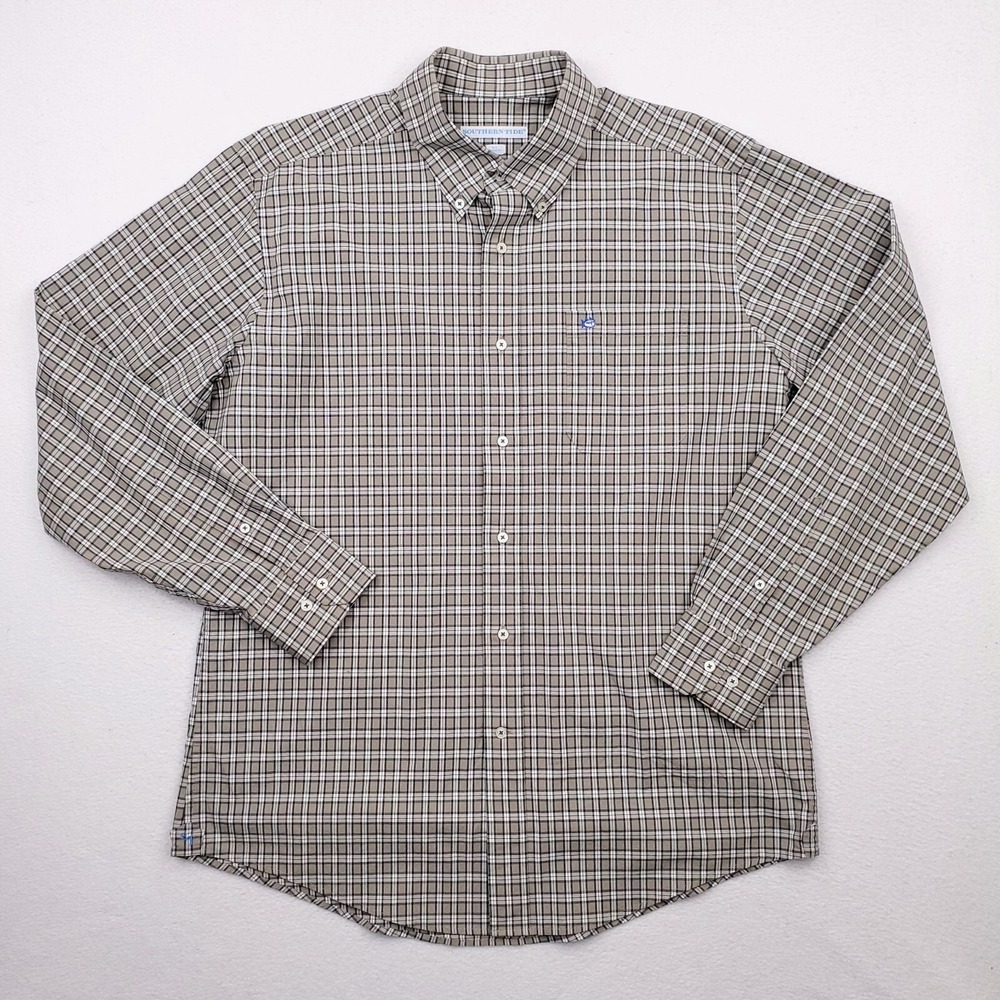 Southern Tide‎ Shirt Mens Large Beige Green Plaid Classic Button Down Stretch